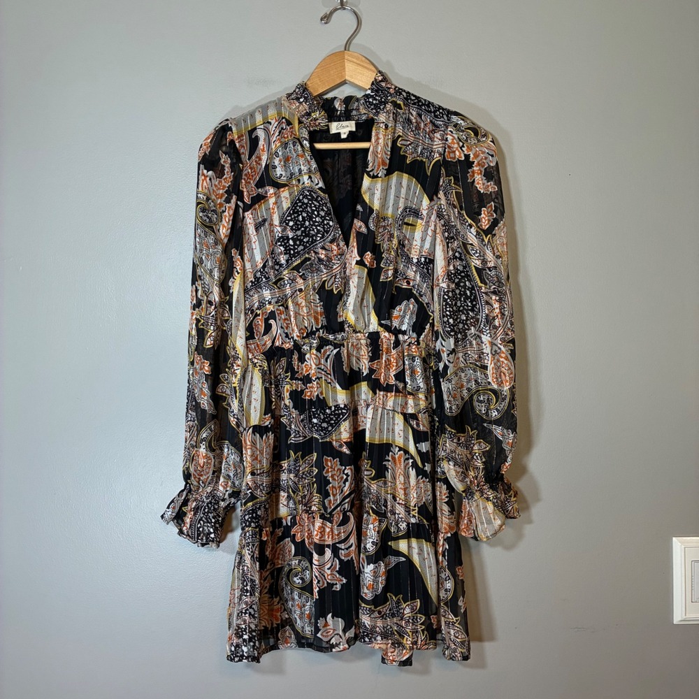 Elan Paisley Metallic Mini Dress Black Orange Gold Smocked Waist Small